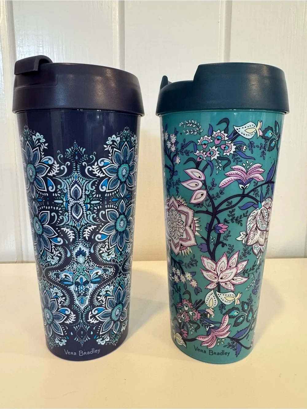 Vera Bradley 16 oz Travel Mug Set of 2 Peacock Garden & Blue Island Medallion
